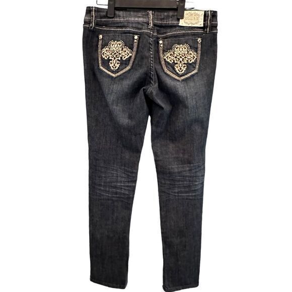 Grace in LA Dark Wash Gold Embellished Skinny Jeans Size 9 Western - Picture 3 of 16